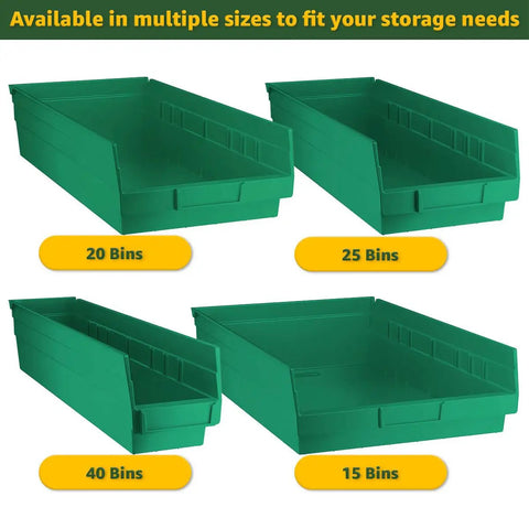 Green storage bins in multiple sizes for Badass Heavy Duty Metal Wire Utility Rack With 18X36X74 dimensions for organizing garage gear.