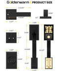 Detailed measurements of Matte Black Double Front Door Lock Set with Reversible Lever Handle and Dummy Door Handle components.