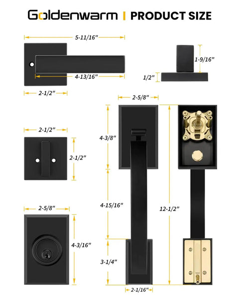 Detailed measurements of Matte Black Double Front Door Lock Set with Reversible Lever Handle and Dummy Door Handle components.