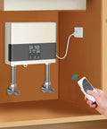 Mini Tankless Water Heater Electric 4000W 110V Instant Hot Water On Demand Space Saving Design installed under kitchen cabinet with remote.