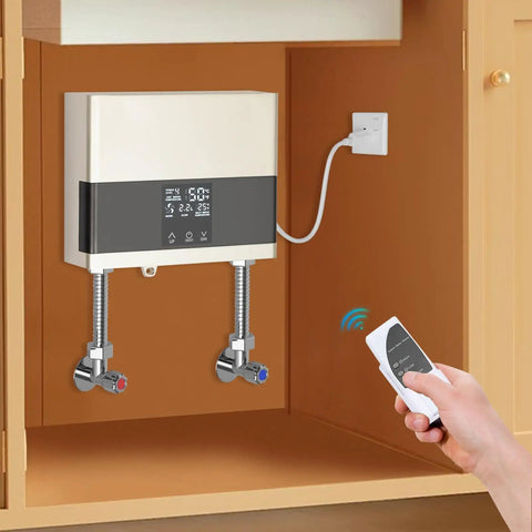 Mini Tankless Water Heater Electric 4000W 110V Instant Hot Water On Demand Space Saving Design installed under kitchen cabinet with remote.