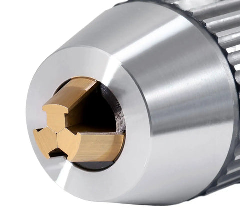 MT3 Keyless Drill Chuck, Beefed-Up With Integrated Shank And Titanium Jaws, close-up view of titanium jaws and stainless steel body