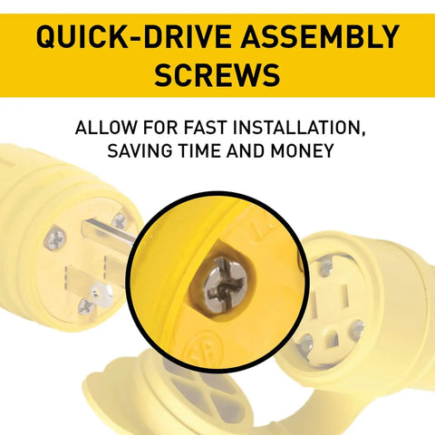 Close-up of quick-drive assembly screws on Yellow 15 Amp Watertight NEMA 4X 6P Straight Blade Connector 5-15R, 125V, 3-Wire Plug