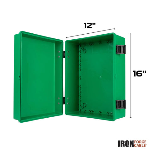 Beefy Outdoor Junction Box Waterproof IP65 Enclosure With Hinged Green Panel Cover Extra Large ABS Plastic Weatherproof Electrical Box For Wires And Cables 16 By 12 By 7.2 Inches open view