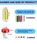 Image showing Slick PVC Heat Shrink Wine Capsules sizes, 140pcs suitable for 30mm bottle mouths, and 20 T stoppers.