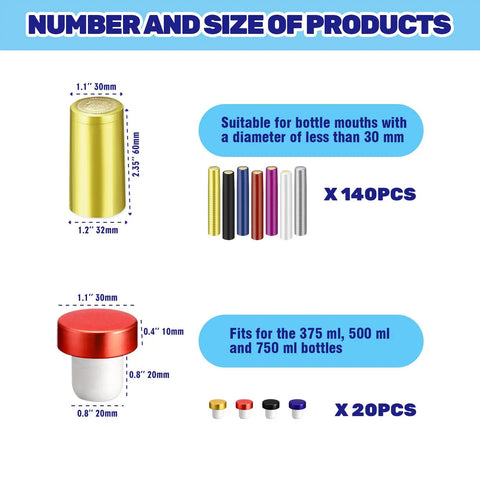 Image showing Slick PVC Heat Shrink Wine Capsules sizes, 140pcs suitable for 30mm bottle mouths, and 20 T stoppers.