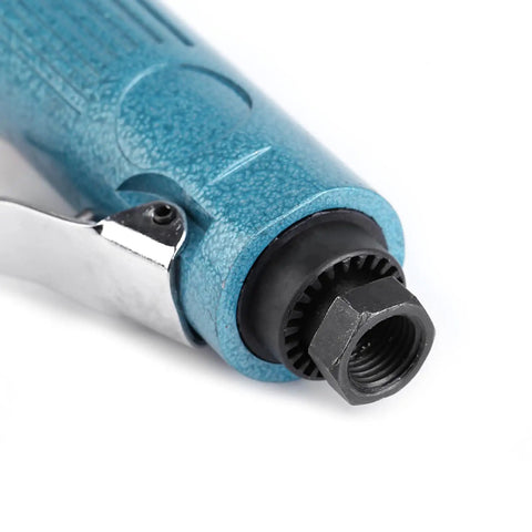 Close-up of Slick Compact Air Pneumatic Angle Grinder For Fast Cut Through Metal And Rust With No Fuss Handling And Smooth Quiet Grinding Action For Any Pro Shop Or Garage In Metallic Blue.