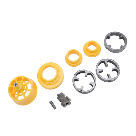 A Total Knockout PVC Pipe Threader Kit 6 Piece Plastic Pipe Threading Tool components, featuring yellow and metal pieces for plumbing tasks.