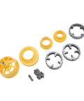 Prograde Pvc Pipe Threader Kit With Electric Drill Adapter And Three Interchangeable Dies For One Half, Three Quarter, And One Inch Plastic Tubing components including yellow die and metal parts.