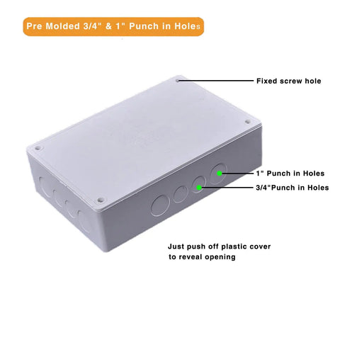 9 By 6 By 3 Inch PVC Junction Box With Pre Molded Three Quarter Inch And One Inch Knockouts showing knockouts and screw holes