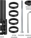 Adjustable 1-1/8 Inch Aluminum Bike Stem Riser Extender kit with spacers, hexagon wrench, and screws for ergonomic cycling setup