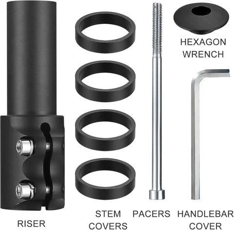 Adjustable 1-1/8 Inch Aluminum Bike Stem Riser Extender kit with spacers, hexagon wrench, and screws for ergonomic cycling setup