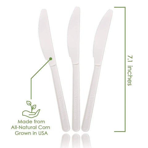 Compostable Knives Set 7 Inch Large Disposable Utensils Bulk Pack of 500 Eco Friendly Durable Heat Resistant Alternative to Plastic with Convenient Tray Ivory White Perfect for Parties Catering Events Picnics