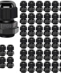 Pack of 40 black Waterproof PG9 Cable Gland System Adjustable 4-8mm Range With Gaskets M16 1.5 Thread shown in various angles.