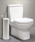 Must Have Freestanding Toilet Paper Holder Stand With Clear Acrylic No Assembly Floor Standing Roll Dispenser next to toilet
