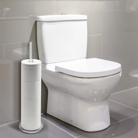 Must Have Freestanding Toilet Paper Holder Stand With Clear Acrylic No Assembly Floor Standing Roll Dispenser next to toilet