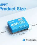 40 Amp MPPT Solar Charge Controller For 12V 24V Systems With Built In Bluetooth Adjustable LCD Display showing size dimensions