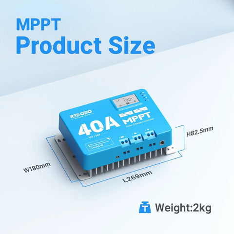 40 Amp MPPT Solar Charge Controller For 12V 24V Systems With Built In Bluetooth Adjustable LCD Display showing size dimensions