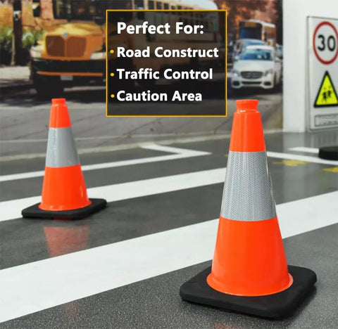 Heavy Duty Orange Traffic Cones Set of 5, 18 Inch PVC With Black Base and 6 Inch Reflective Collar for Road Work, Parking Lots