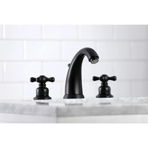 Victorian Widespread Bathroom Faucet In Matte Black, Solid Brass Construction, Deck Mount, 8 To 16 Inch Spread, 1.2 GPM Flow, Duraseal