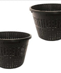 Two black 8 Inch Round Water Garden Aquatic Mesh Pond Plant Basket Two Pack Value Slotted Planter Pots for lilies and aquatic plants.