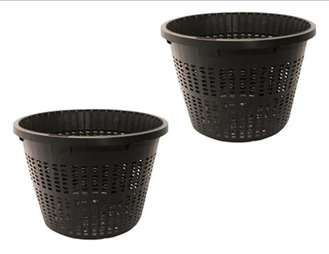Two black 8 Inch Round Water Garden Aquatic Mesh Pond Plant Basket Two Pack Value Slotted Planter Pots for lilies and aquatic plants.