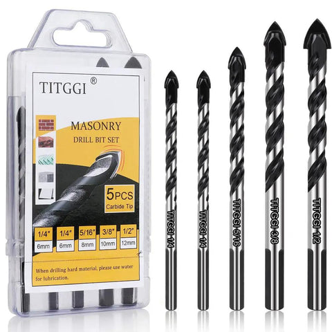 Pro Grade Concrete And Masonry Drill Bit Set 5 Piece Industrial Carbide Tip Kit displayed with packaging and individual bits.