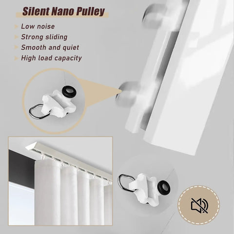 Ultra Thin Ceiling Curtain Rail Aluminum Track For Heavy Curtains With Silent Glide Pulleys, Ceiling Mount Room Divider Rod For Privacy, Black Finish, 12.5m 41ft Length, 1.5 cm Slim Design, Heavy Duty; white pulley detail