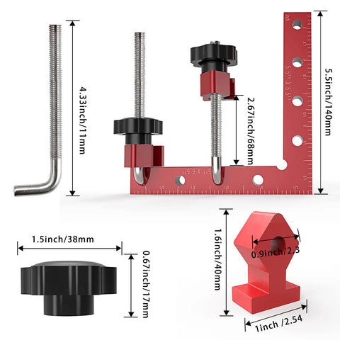 90 Degree Aluminum Alloy Corner Clamps Kit, Heavy Duty Right Angle Clamping Squares For DIY Woodworking, Shelves, Boxes, Frames, Drawers And Cabinets, 5.5 X 5.5 Inches, 4 Pack, red clamp set with size markings