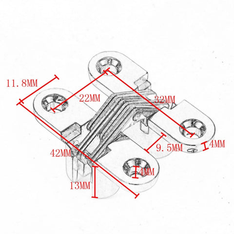 Concealed Cross Door Hinge 8x42mm Invisible Hinge 180 Degree Swing With Screws For Wood Doors Flush Doors Swing Doors And DIY Window Projects Easy Install Silver Sleek Low Profile Design For Quiet Close And Long Lasting Durability, detailed dimensions view.