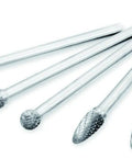 Tough As Nails Long Double Cut Carbide Burr Set With Five Tungsten Rotary Bits Longer Shank for tight spaces and metal shaping.