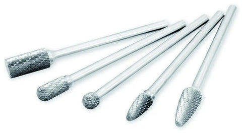 Tough As Nails Long Double Cut Carbide Burr Set With Five Tungsten Rotary Bits Longer Shank for tight spaces and metal shaping.
