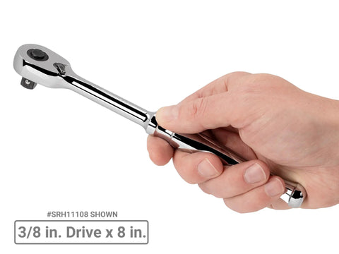 Three Piece Quick-Release Ratchet Set With 1/4 Inch, 3/8 Inch And 1/2 Inch Drives, 6 Inch, 8 Inch, And 10.5 Inch Lengths, chrome finish