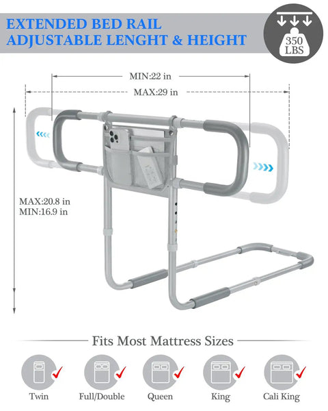 Rock Solid Extended Bed Rail For Seniors Safe Guard Bar With Storage Bag Adjustable Side Rail For King Queen Full Twin Beds