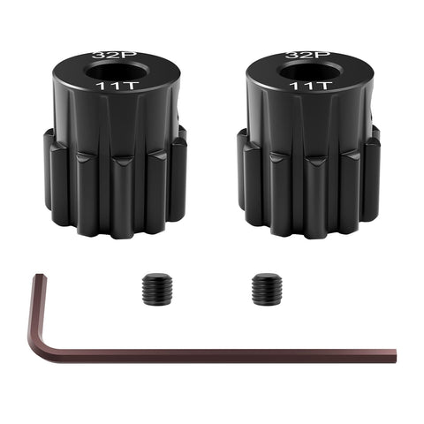 Two Piece 32P 11T Hardened Steel Pinion Gear Set For Traxxas Slash 4x4 Rustler Hoss TRX4 TRX6 RC Cars 3.175mm Shaft Direct Fit Upgrade Replacement Performance Kit with hex wrench and screws