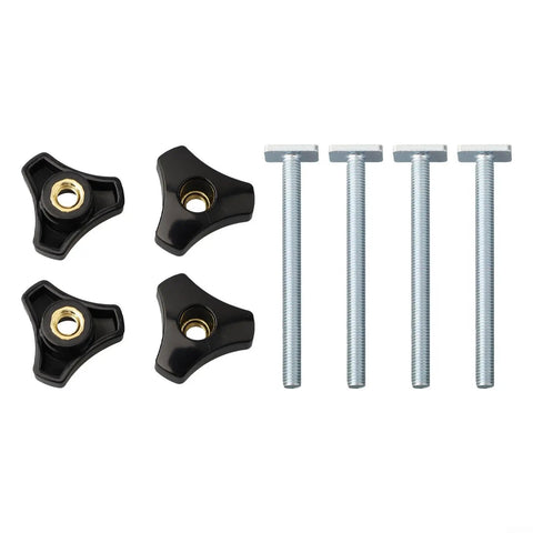 Four Pack M8 T Slot Bolts And Knobs Clamps With Plastic Handles For Woodworking Jigs Fixtures, Heavy Duty Workbench T Track Accessories Kit In Silver Black To Lock Your Project Down Smooth, black knobs and silver bolts