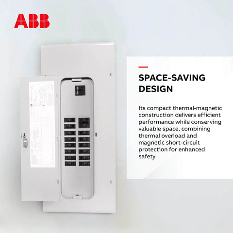 ABB panel with THQL1115 15A single-pole plug-in circuit breaker Q-Line, thermal-magnetic 1P 10kA 240V compact design for load centers.
