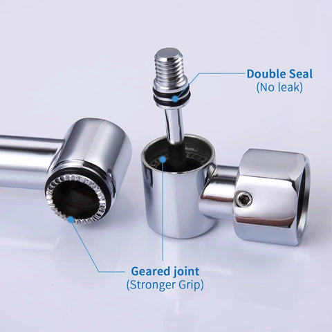 Close-up of joints on 13 Inch Shower Head Extension Arm With Solid Brass Construction, Chrome Finish, geared joint and double seal visible.