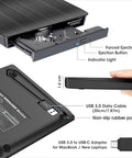 External CD DVD Drive Burner USB 3.0 Type C For Laptop And PC Plug And Play No Fuss Optical Drive Plays DVDs And CDs Burns Media Rips Audio And Video Time Tested Classic And Ultra Reliable For Travel, slim black USB optical drive with tray open