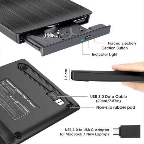External CD DVD Drive Burner USB 3.0 Type C For Laptop And PC Plug And Play No Fuss Optical Drive Plays DVDs And CDs Burns Media Rips Audio And Video Time Tested Classic And Ultra Reliable For Travel, slim black USB optical drive with tray open