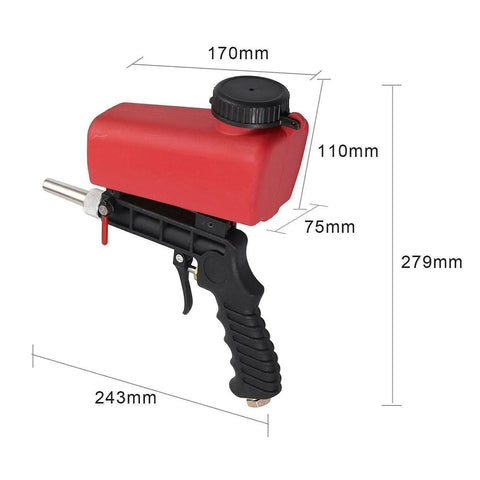 One Quarter Inch Air Sandblasting Gun Portable Handheld Sandblaster With 90 PSI Pneumatic Power dimensions shown