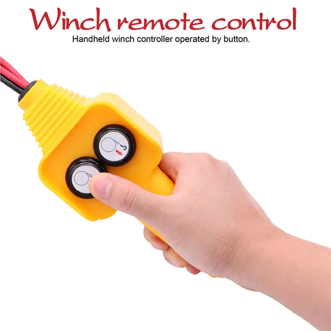 Premium Winch Handheld Control Assembly Replacement Remote Switch For 12V Electric Winches, yellow button controller in hand.