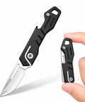 Lil Mini Stainless Steel Pocket Knife With Beer Bottle Opener showing folding blade size next to fingers