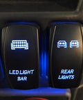 3 Pack Rocker Switch Kit With Laser Sasquatch Lighted Toggle, Blue LED Accent on durable black panel surface