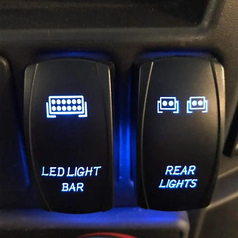 3 Pack Rocker Switch Kit With Laser Sasquatch Lighted Toggle, Blue LED Accent on durable black panel surface