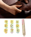 13mm Metal Number Stamp Set 0 to 8 with Knock Hammer shown beside leather piece and handheld stamping tool