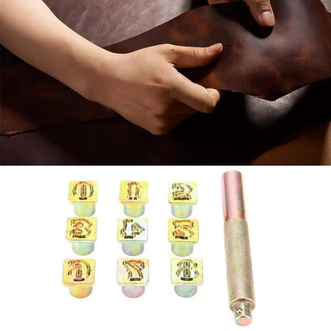 13mm Metal Number Stamp Set 0 to 8 with Knock Hammer shown beside leather piece and handheld stamping tool