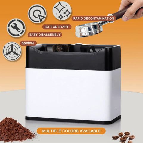 Slick Electric Coffee Knock Box With Quick Portafilter Cleaner For Tight Espresso Pucks Includes Two Heavy Duty Scrapers And Dual Bristle Brushes for easy cleanup.