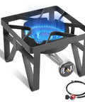 Dual Burner Propane Camping Stove With 200,000 BTU Beast Power, heavy-duty stove frame and propane connector visible