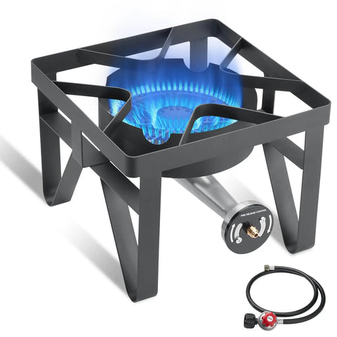 Dual Burner Propane Camping Stove With 200,000 BTU Beast Power, heavy-duty stove frame and propane connector visible